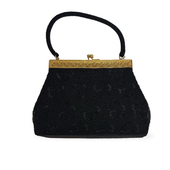 Vintage 1950s Black Beaded Hong Kong Evening Purse Gold Filigree AB Clasp - Picture 1 of 16